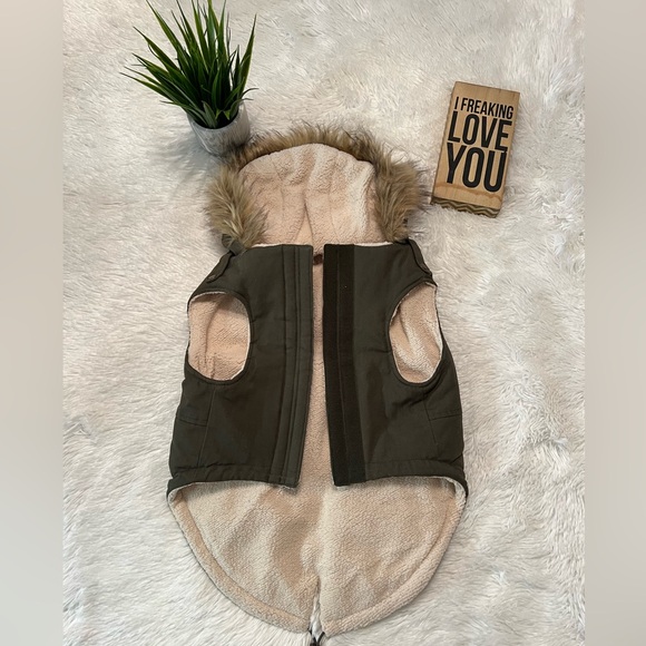 Olive Green Dog Parka with Faux Fur Hood - Picture 3 of 16